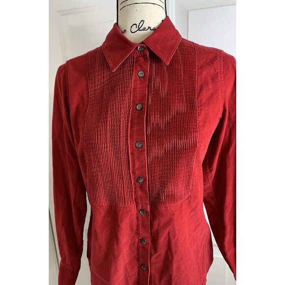 J Jill Womens Blouse Top Sz XS Red Corduroy Button Up Long Slv Shirt w/Pintucks - Picture 2 of 10